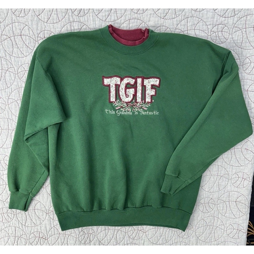 VTG TGIF‎ Grandma Double Collar Quilt Embroidered Sweatshirt Women's XL